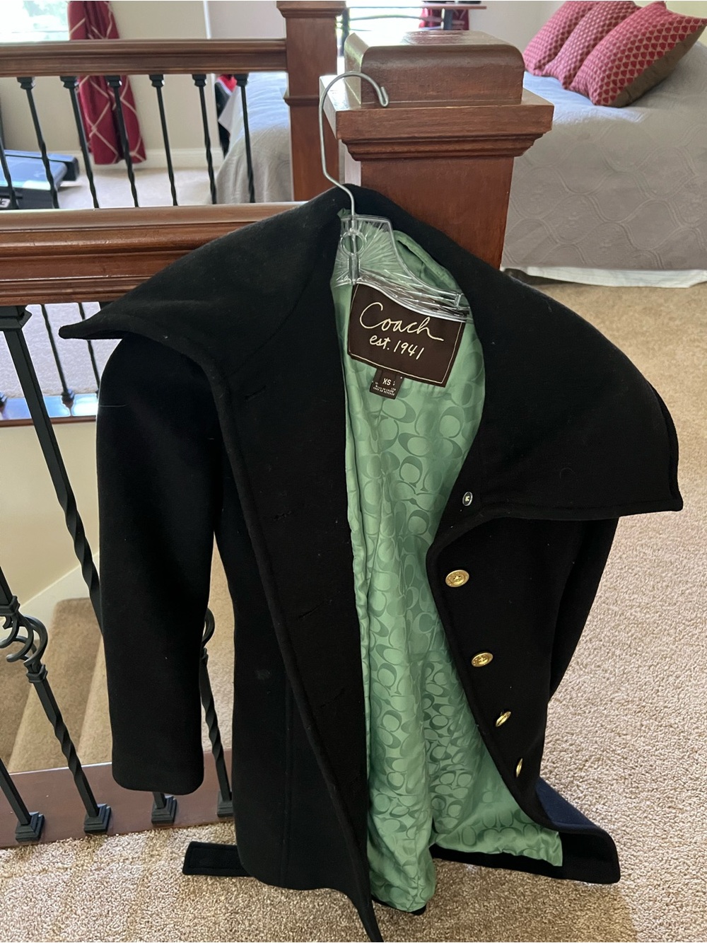 Coach Black Wool Pea Coat with Green Signature Lining
